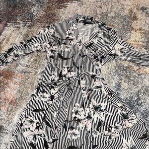 Ann Taylor Striped Floral Shirt Dress in Black & White with Pink Accents